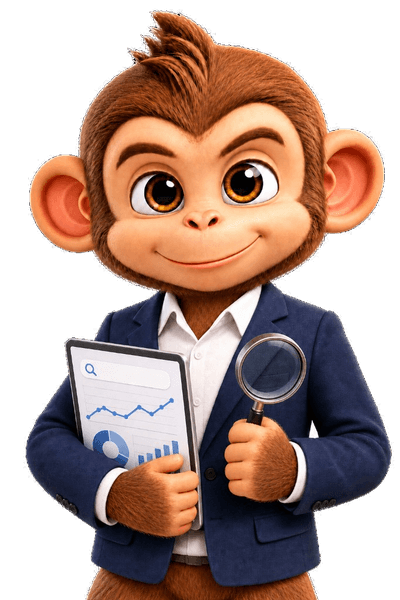 Mono holding a magnifying glass and a tablet showing search analytics